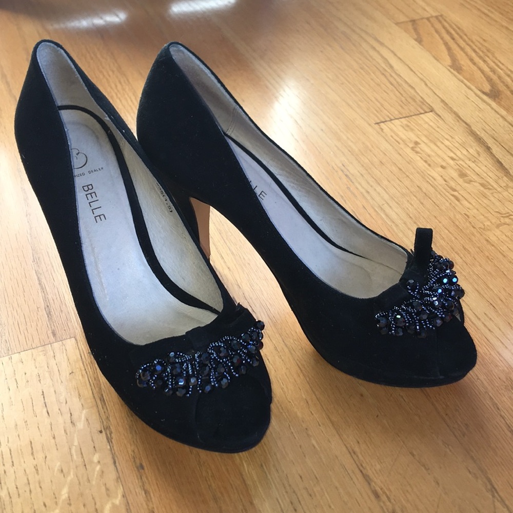 BELLE black velvet peep-toe heels